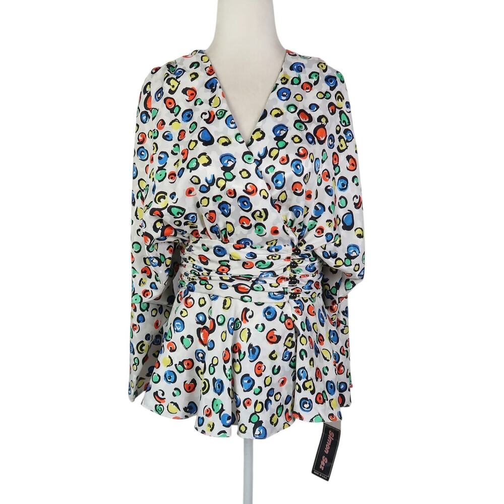 Vintage 80s Simon Sez White Multicolor Dot Wrap Blouse Top 8